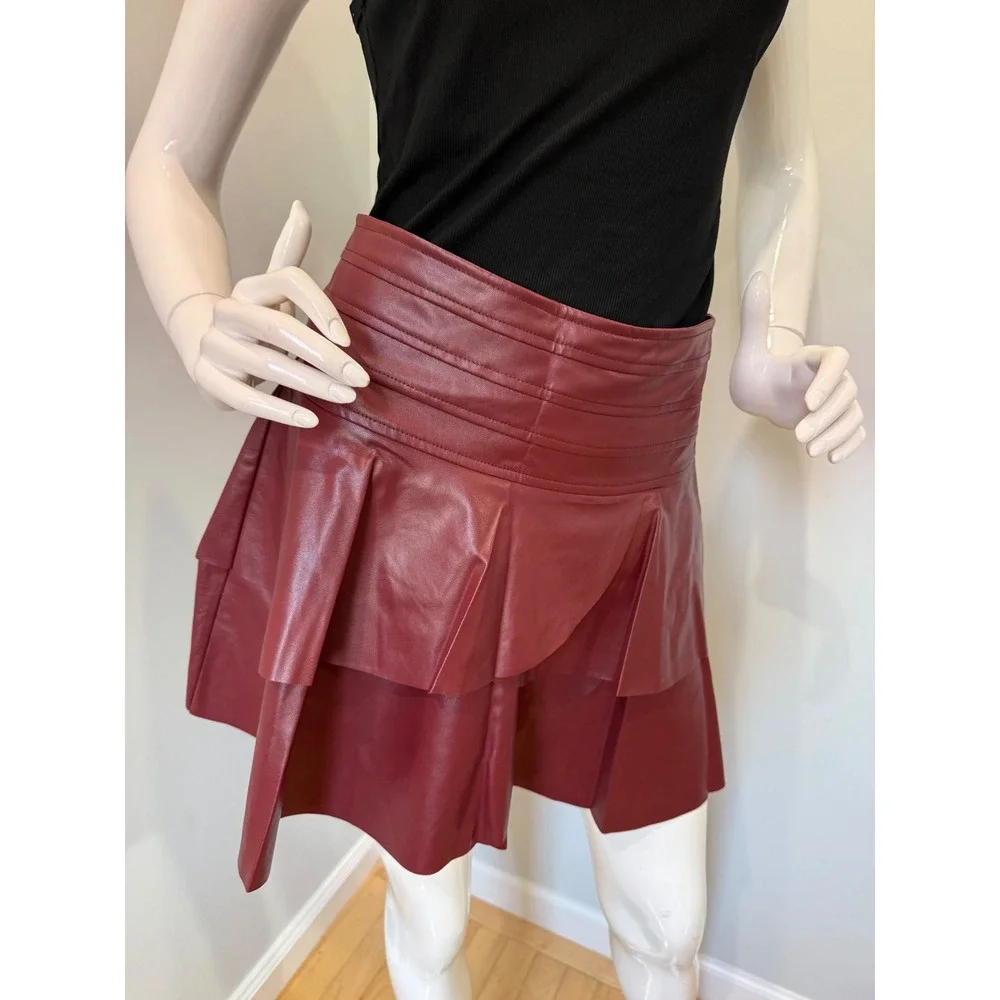 Commense Burgundy Faux Leather Skirt Ruffle Mini High Waist‎ Party Cocktail S